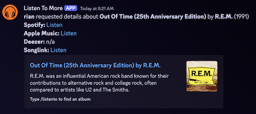 Discord bot example showing album details and streaming links