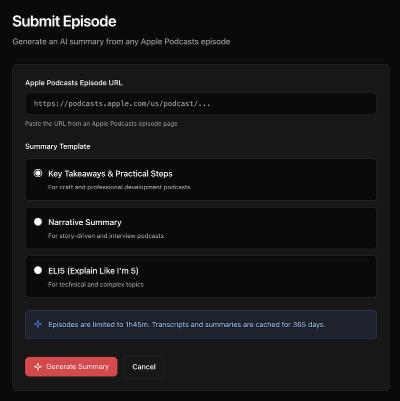 The TL;DL submission form with three template options