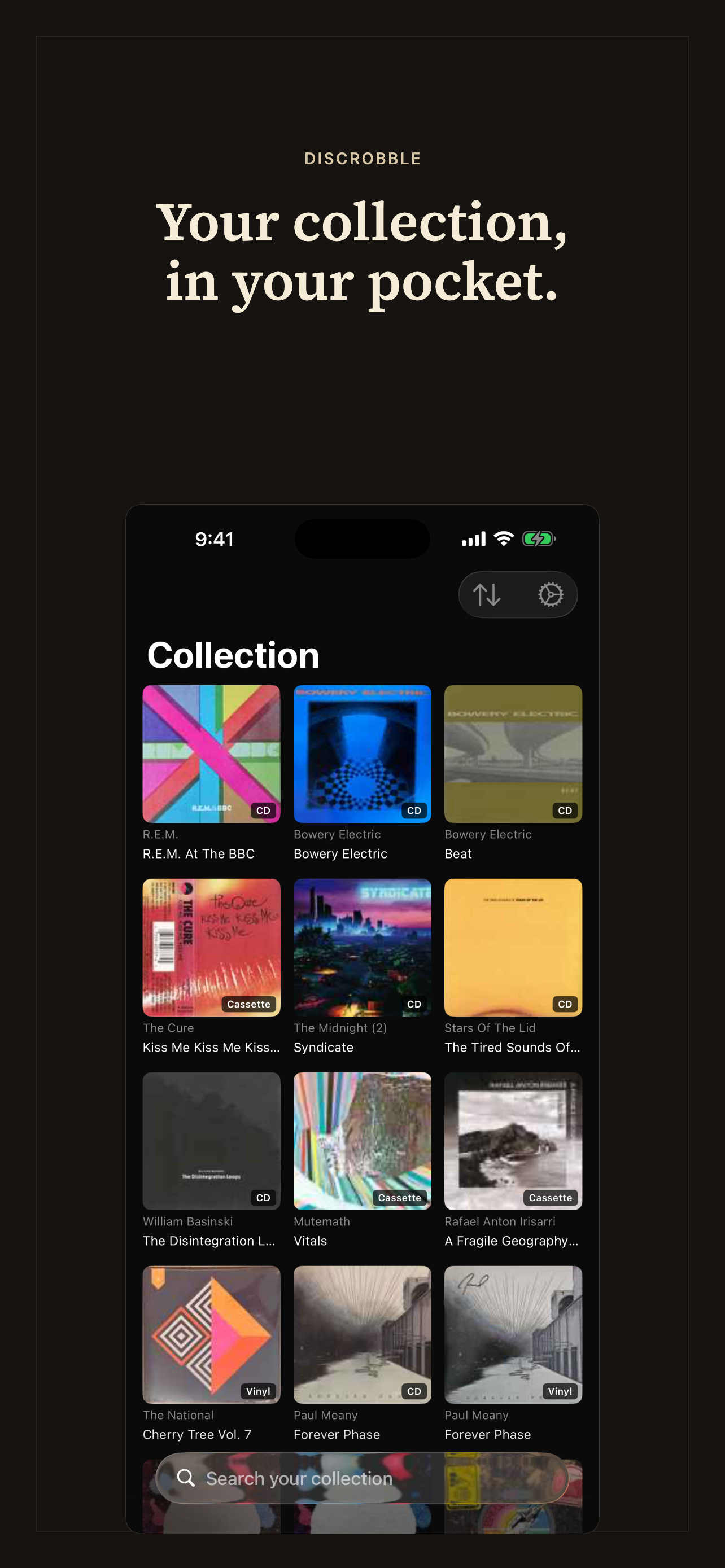 Discrobble collection view showing album cover art.