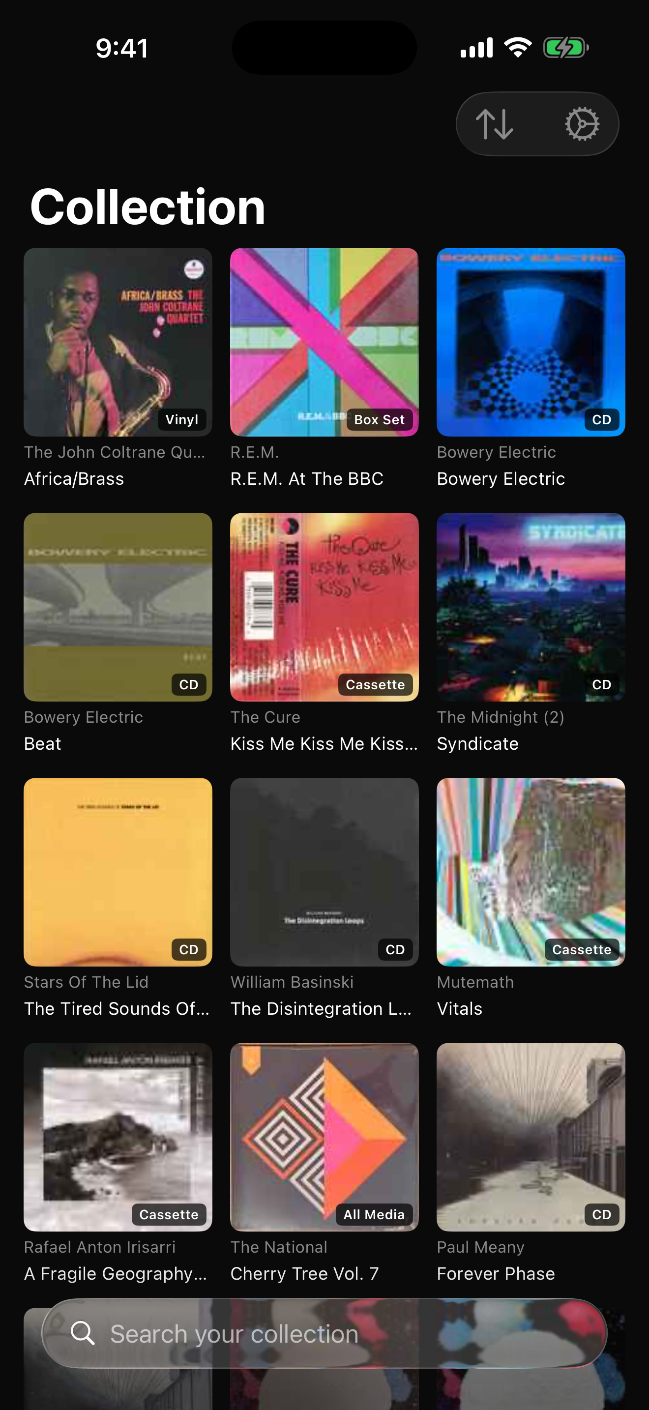 Discrobble collection view showing album cover art.