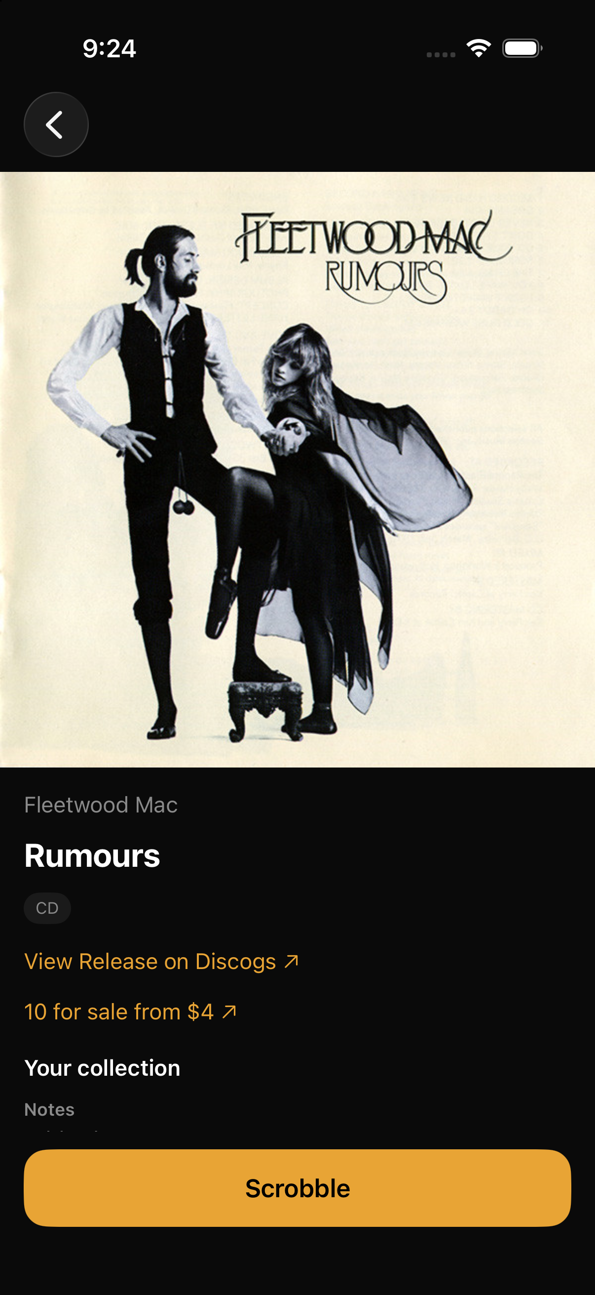 Fleetwood Mac's Rumours in Discrobble, showing the album cover, release details, and Scrobble button.