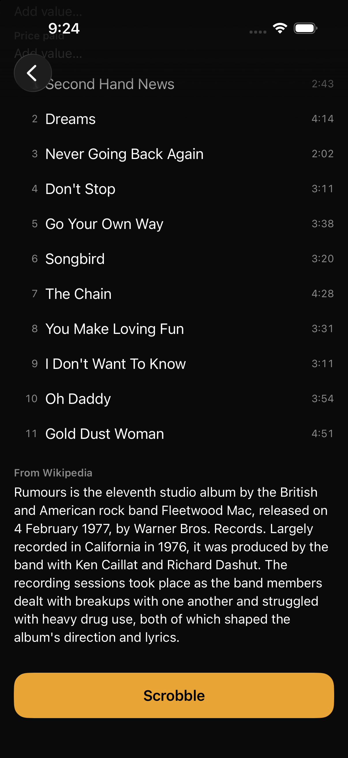The Rumours album page in Discrobble, showing its tracklist and introduction from Wikipedia.
